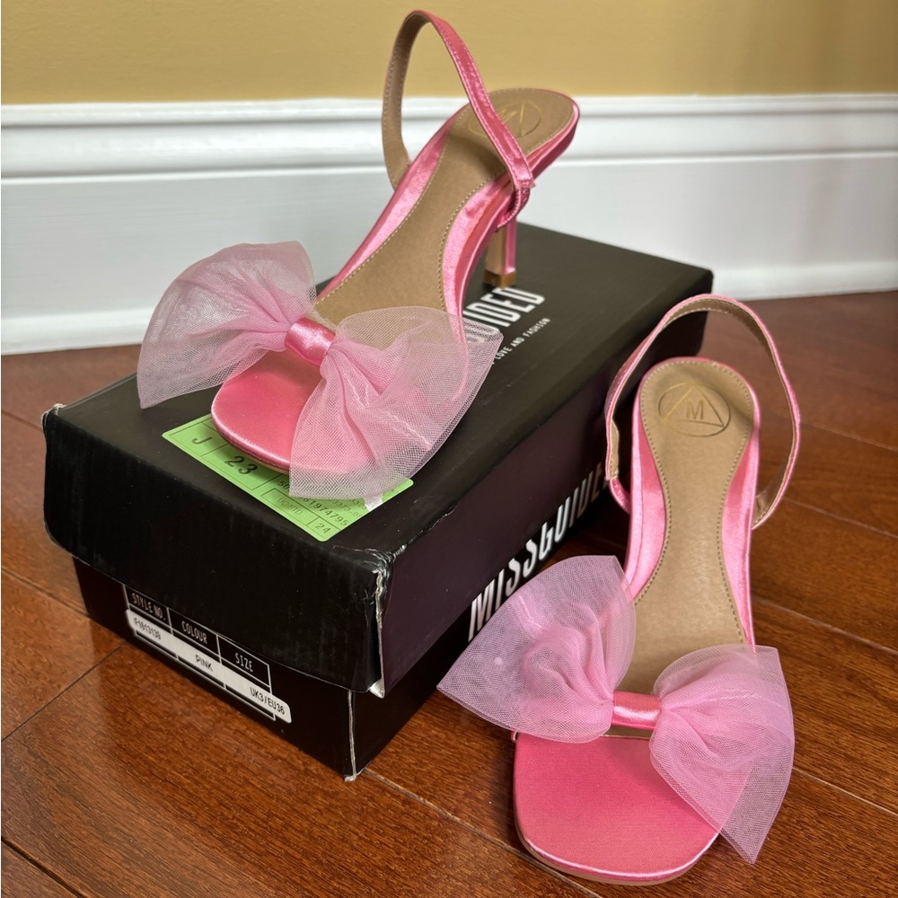 Missguided Blush Satin Bow Slingback Heels